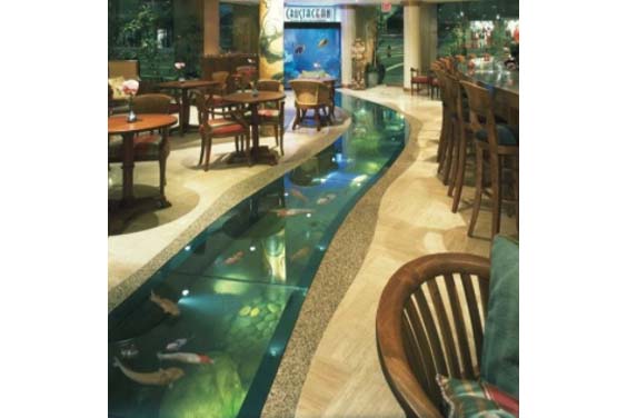 A lazy river pond inside a restaurant